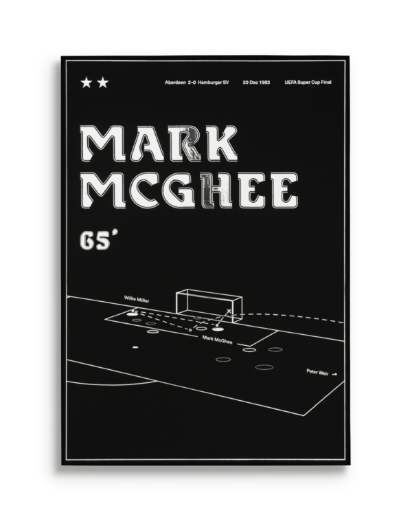 Poster with player name Mark McGhee, minute of goal (65) and 3D infographic of goal