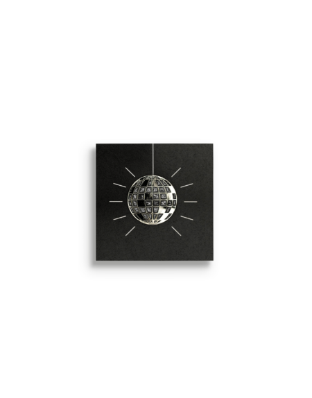 Black round metal pin with silver outlines and filled squares of a disco ball on a square black card